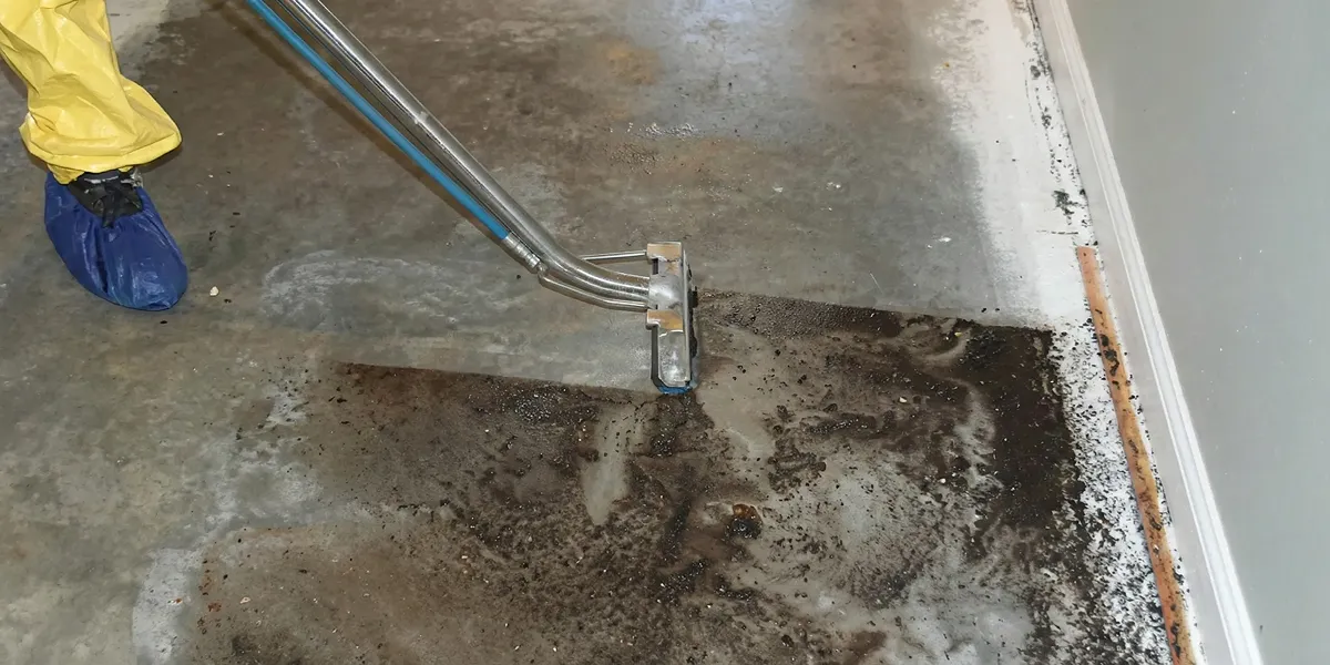 sewage removal technicians extracting contaminated wastewater from a residential floor in Bellevue, WA